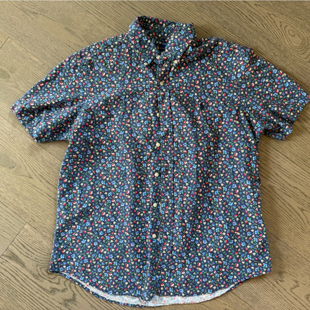 RALPH LAUREN Blue Floral All Over Print Oxford Button-Up Shirt Sz Large Men